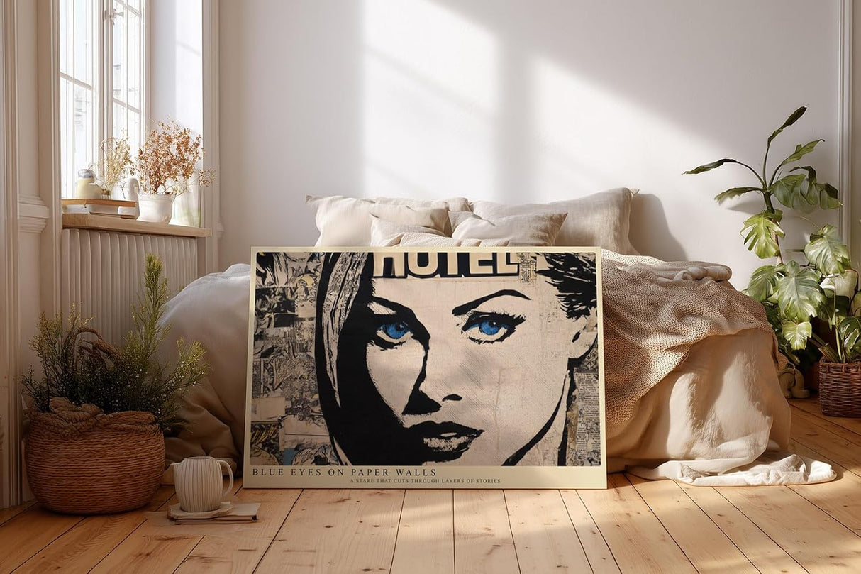 Paul Sinus Wandbild 120x80cm Pop Art Frauenportrait Collage Kunstmotiv Modernes Gesicht mit blauen Augen und grafischer Struktur