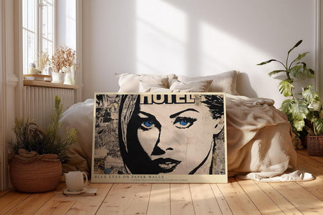 Paul Sinus Wandbild 120x80cm Pop Art Frauenportrait Collage Kunstmotiv Modernes Gesicht mit blauen Augen und grafischer Struktur
