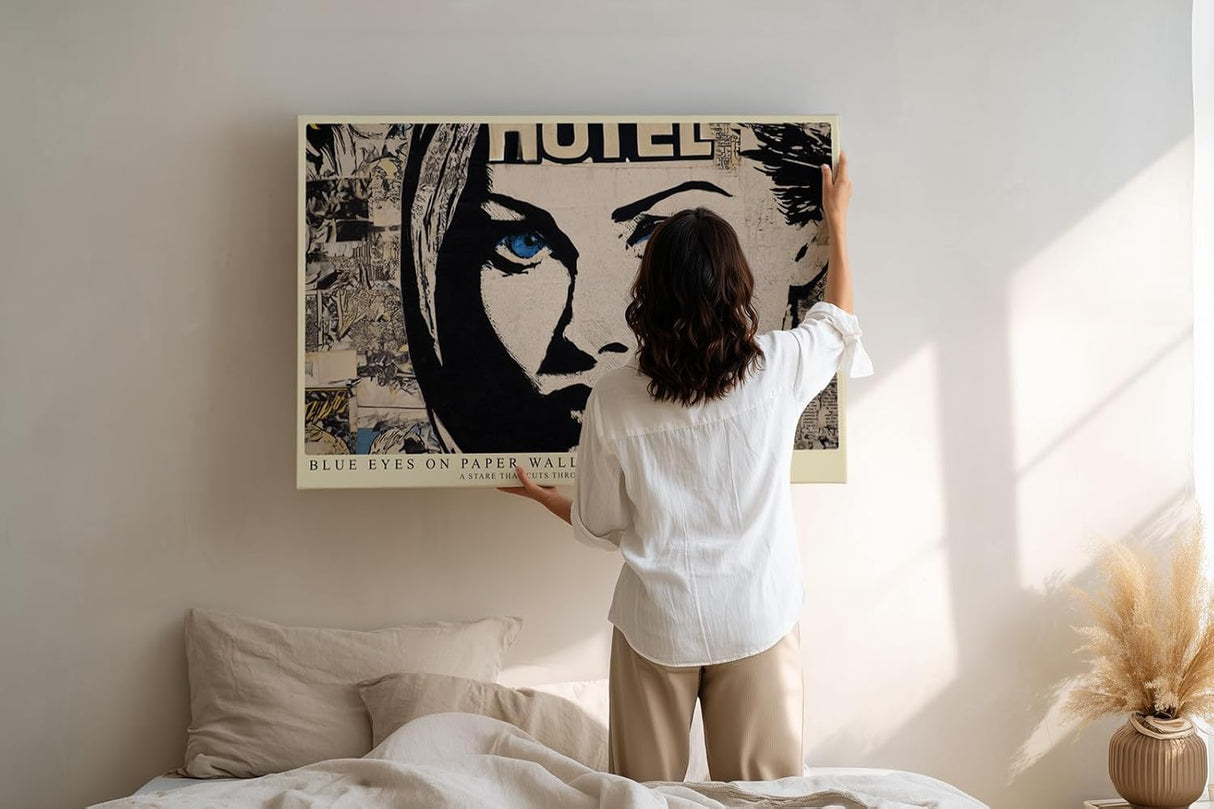 Paul Sinus Wandbild 120x80cm Pop Art Frauenportrait Collage Kunstmotiv Modernes Gesicht mit blauen Augen und grafischer Struktur