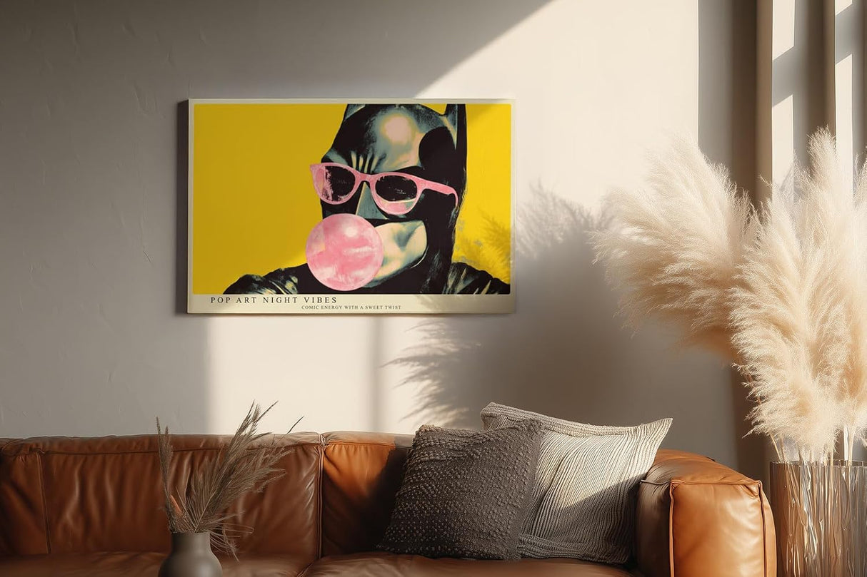 Paul Sinus Wandbild 120x80cm Pop Art Katze mit Sonnenbrille und Kaugummi moderne Comic Illustration buntes Kunstposter auf gelbem Hintergrund für Wohnzimmer Büro Jugendzimmer