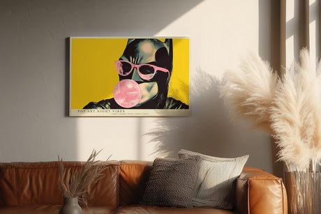 Paul Sinus Wandbild 120x80cm Pop Art Katze mit Sonnenbrille und Kaugummi moderne Comic Illustration buntes Kunstposter auf gelbem Hintergrund für Wohnzimmer Büro Jugendzimmer