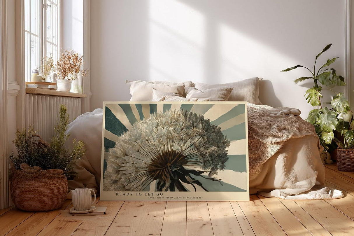 Paul Sinus Wandbild 120x80cm Pusteblume modern Naturmotiv beige blau Kunstdruck grosses Wandbild 120x80cm ruhige botanische Wanddekoration fuer Wohnzimmer Büro