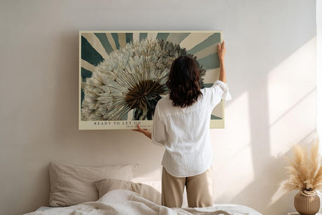 Paul Sinus Wandbild 120x80cm Pusteblume modern Naturmotiv beige blau Kunstdruck grosses Wandbild 120x80cm ruhige botanische Wanddekoration fuer Wohnzimmer Büro