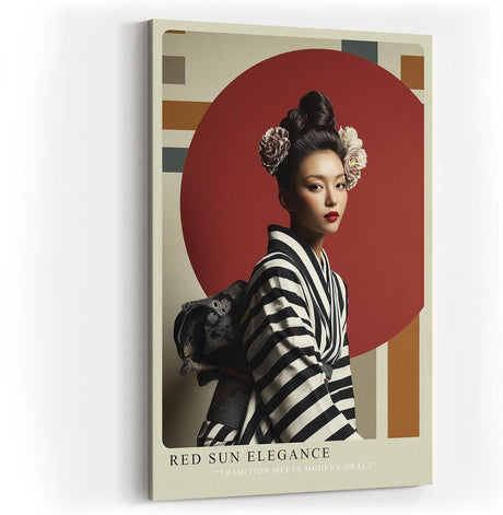 Paul Sinus Wandbild in 40x60cm Red Sun Elegance Porträt einer Frau im gestreiften Kimono vor rotem Kreis mit floralen Haarakzenten für elegante Raumgestaltung