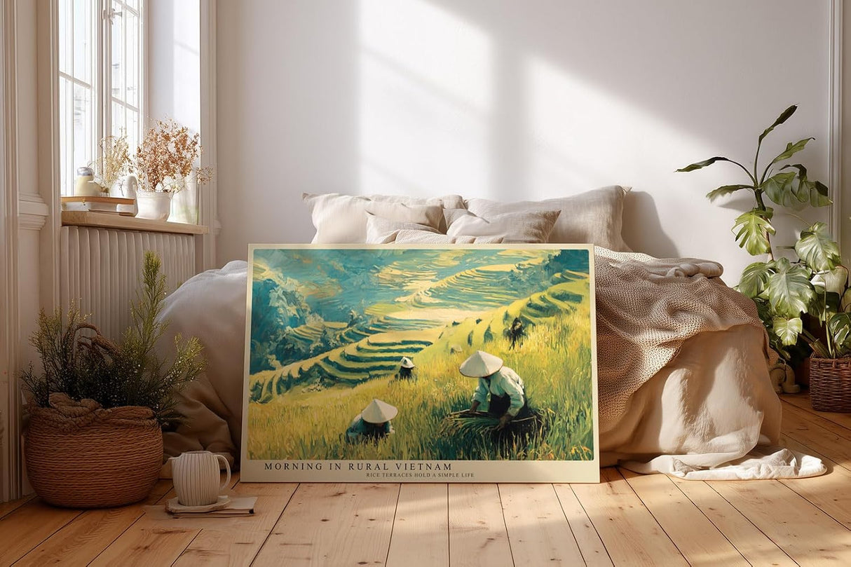 Paul Sinus Wandbild 120x80cm Reisfelder Vietnam Landschaft Kunst in Grün und Gold für Wohnzimmer Büro und Atelier