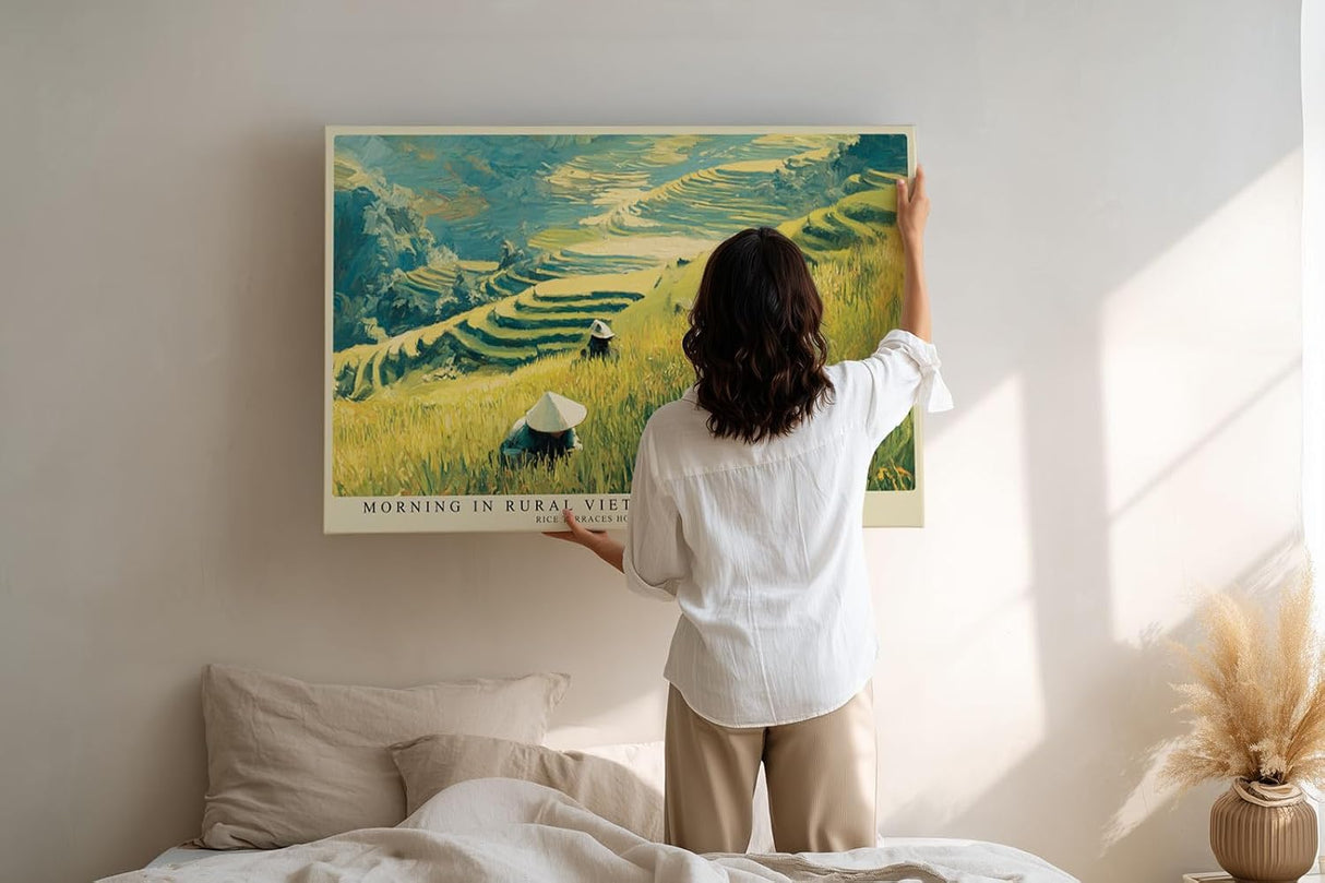 Paul Sinus Wandbild 120x80cm Reisfelder Vietnam Landschaft Kunst in Grün und Gold für Wohnzimmer Büro und Atelier