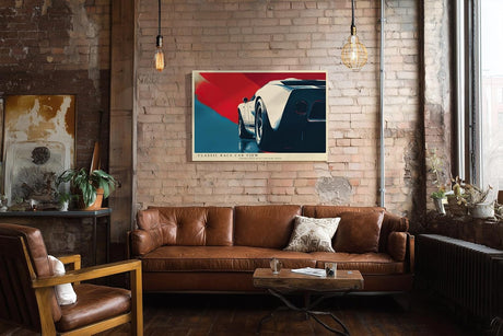 Paul Sinus Wandbild 120x80cm Rennwagen Retro Auto Kunst moderne Illustration dynamische Perspektive Kunstdruck stilvolle Wanddekoration fuer Wohnzimmer Büro Garage