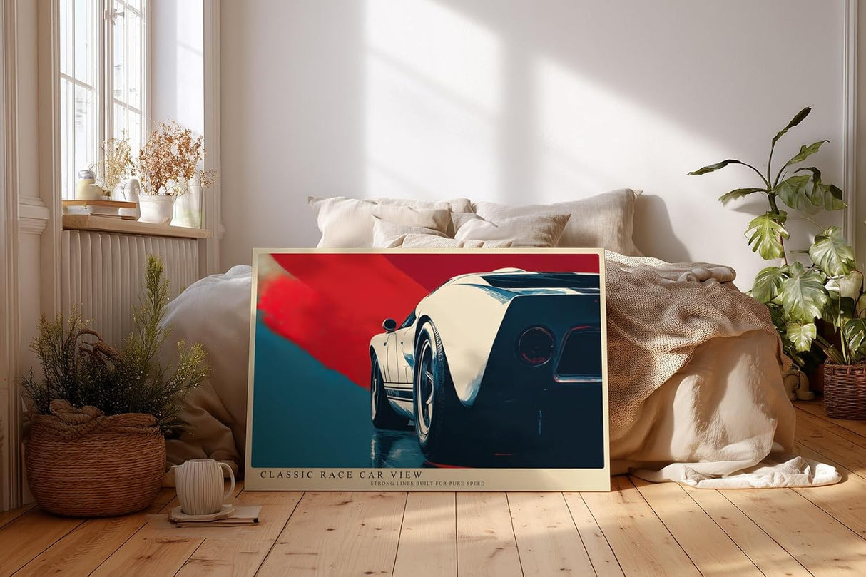 Paul Sinus Wandbild 120x80cm Rennwagen Retro Auto Kunst moderne Illustration dynamische Perspektive Kunstdruck stilvolle Wanddekoration fuer Wohnzimmer Büro Garage