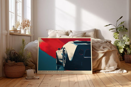 Paul Sinus Wandbild 120x80cm Rennwagen Retro Auto Kunst moderne Illustration dynamische Perspektive Kunstdruck stilvolle Wanddekoration fuer Wohnzimmer Büro Garage