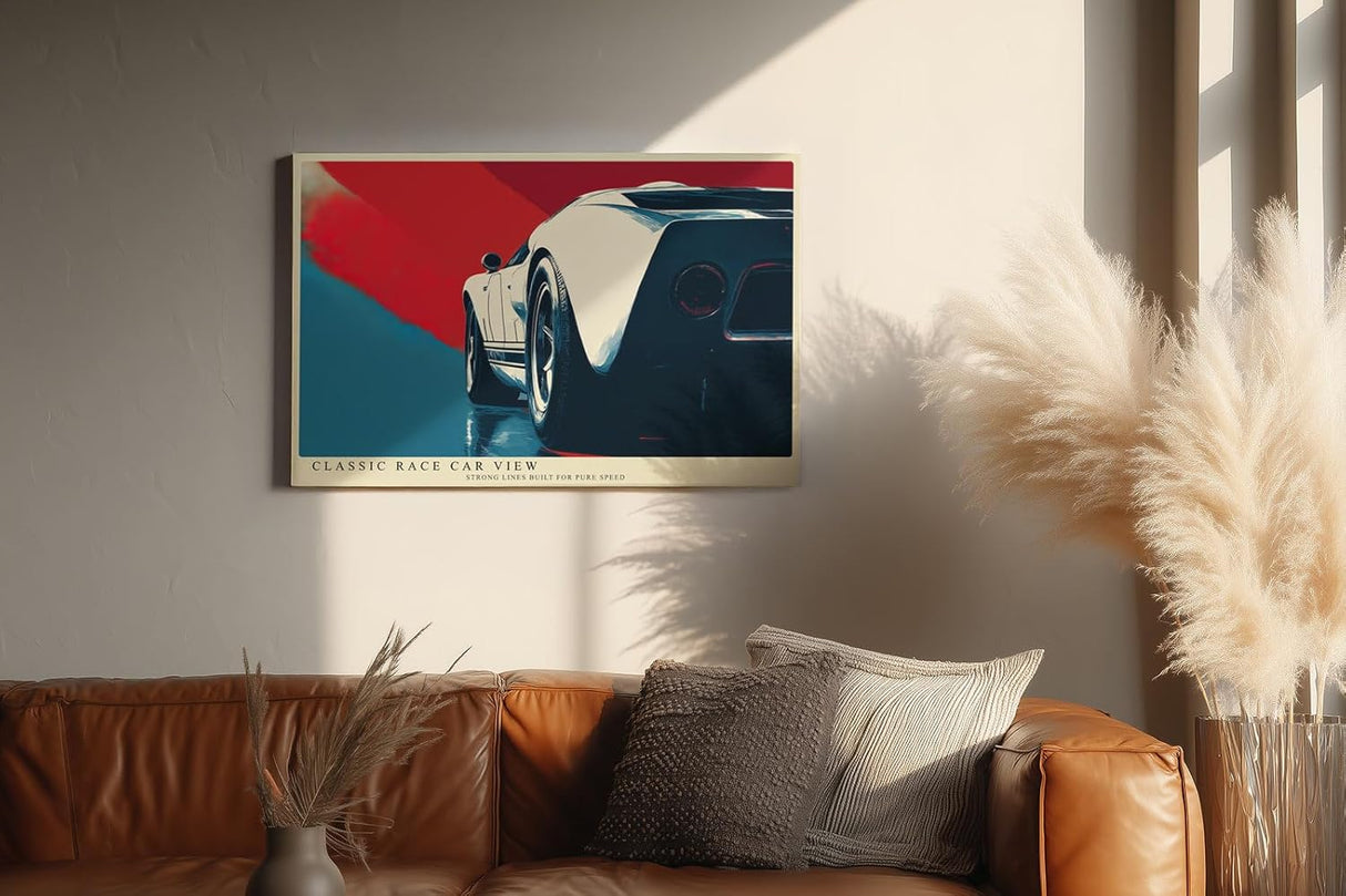 Paul Sinus Wandbild 120x80cm Rennwagen Retro Auto Kunst moderne Illustration dynamische Perspektive Kunstdruck stilvolle Wanddekoration fuer Wohnzimmer Büro Garage