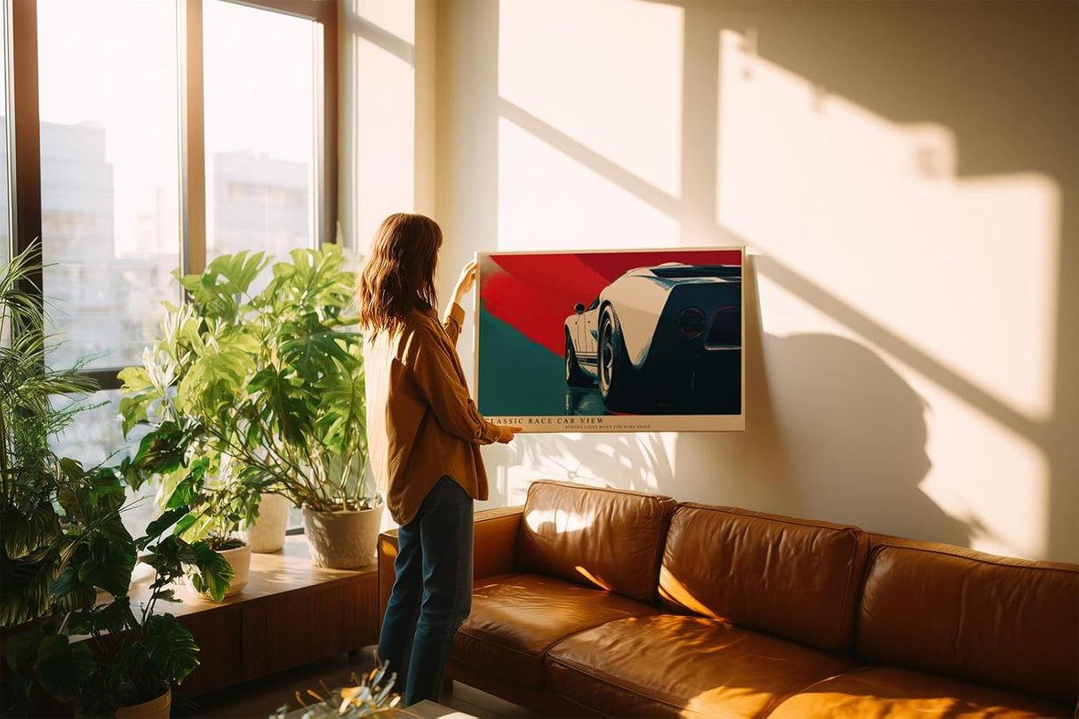 Paul Sinus Wandbild 120x80cm Rennwagen Retro Auto Kunst moderne Illustration dynamische Perspektive Kunstdruck stilvolle Wanddekoration fuer Wohnzimmer Büro Garage
