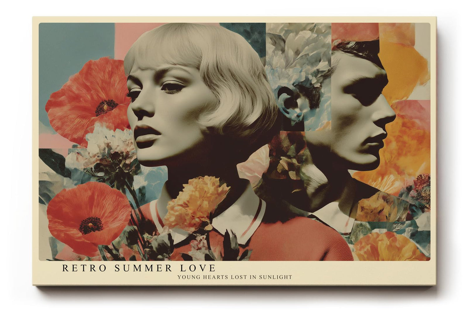 Paul Sinus Wandbild 120x80cm Retro Frauenporträt mit Blumen – Künstlerische Collage im Vintage Stil