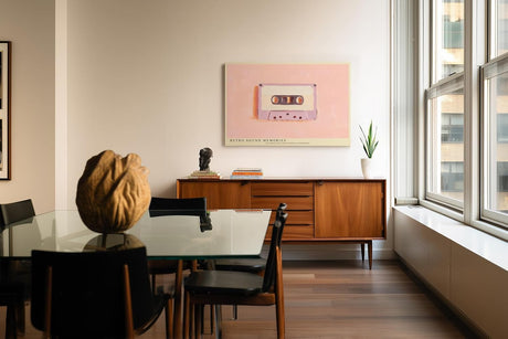 Paul Sinus Wandbild 120x80cm Retro Kassette Illustration Vintage Musik Kunstbild in Pastellfarben nostalgische Wanddekoration für Wohnzimmer Musikzimmer Büro