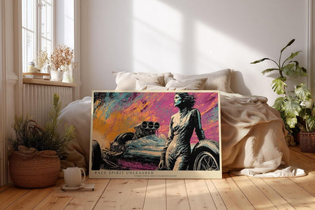 Paul Sinus Wandbild 120x80cm Retro Rennwagen mit Fahrerin Pop Art Illustration bunte Motorsportkunst stilvolle Wanddekoration fuer Wohnzimmer Büro