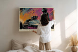 Paul Sinus Wandbild 120x80cm Retro Rennwagen mit Fahrerin Pop Art Illustration bunte Motorsportkunst stilvolle Wanddekoration fuer Wohnzimmer Büro
