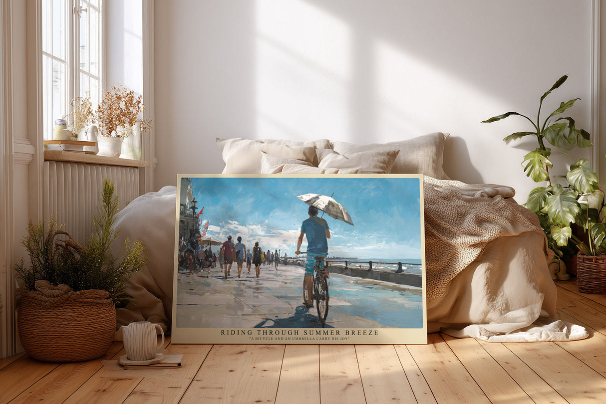 Paul Sinus Wandbild Riding Through Summer Breeze – Radfahrer unter blauem Himmel symbolisiert Freiheit, Lebensfreude und den Moment des Sommers