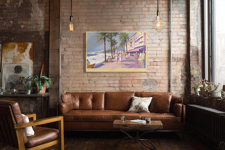 Paul Sinus Wandbild 120x80cm Riviera Afternoon Walk mediterrane Strandpromenade mit Palmen und Meer moderne Reise Kunst Poster für Wohnzimmer Büro
