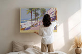 Paul Sinus Wandbild 120x80cm Riviera Afternoon Walk mediterrane Strandpromenade mit Palmen und Meer moderne Reise Kunst Poster für Wohnzimmer Büro