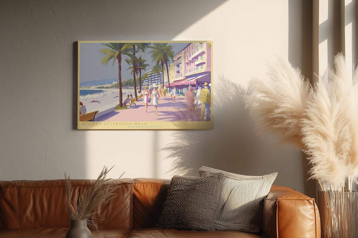Paul Sinus Wandbild 120x80cm Riviera Afternoon Walk mediterrane Strandpromenade mit Palmen und Meer moderne Reise Kunst Poster für Wohnzimmer Büro