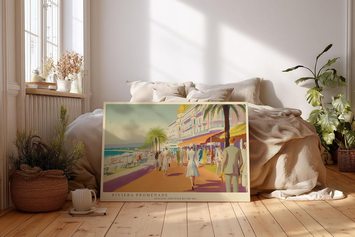 Paul Sinus Wandbild 120x80cm Riviera Promenade Küstenstadt Kunst LeinWandbild 120x80cm Mediterrane Strand Szene Wanddekoration
