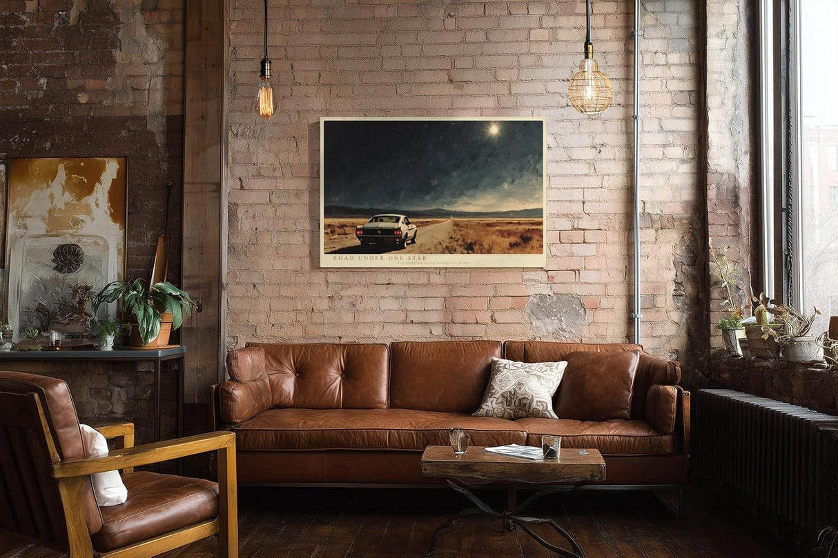 Paul Sinus Wandbild 120x80cm Road Under One Star Nachtlandschaft mit Auto und Sternenhimmel Moderne Reise Kunst fuer Wohnzimmer Büro und Flur