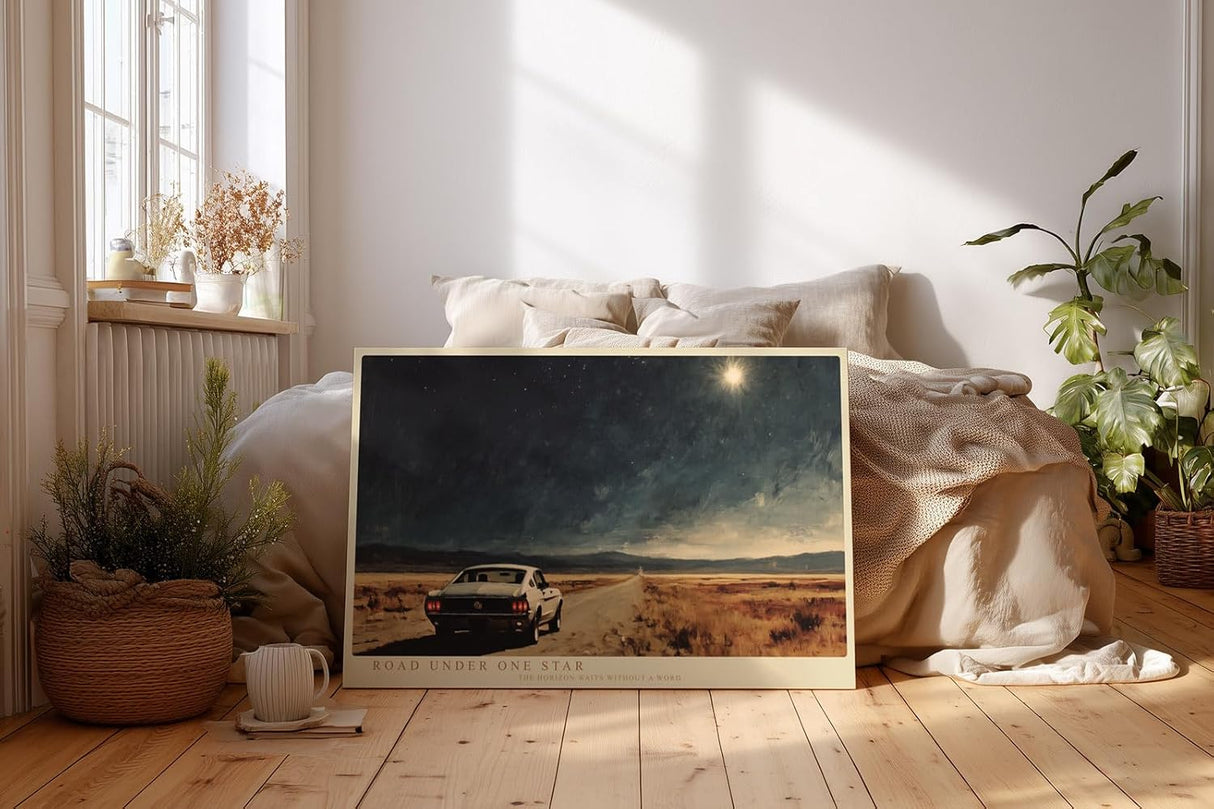 Paul Sinus Wandbild 120x80cm Road Under One Star Nachtlandschaft mit Auto und Sternenhimmel Moderne Reise Kunst fuer Wohnzimmer Büro und Flur