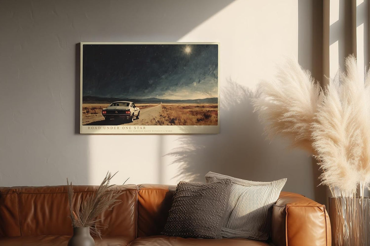 Paul Sinus Wandbild 120x80cm Road Under One Star Nachtlandschaft mit Auto und Sternenhimmel Moderne Reise Kunst fuer Wohnzimmer Büro und Flur
