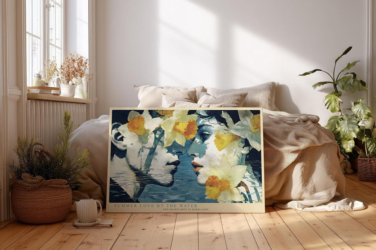 Paul Sinus Wandbild 120x80cm Romantische Frauen Portrait Kunst mit Blumen Moderne Collage in Blau Weiß und Gelb für Wohnzimmer Schlafzimmer Büro