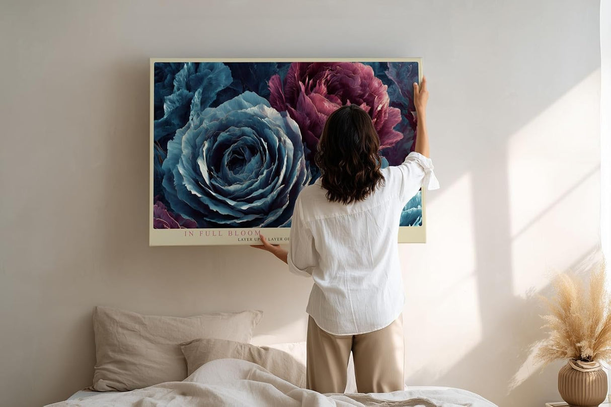 Paul Sinus Wandbild 120x80cm Rosenblueten abstrakte Blumenmalerei blau rosa florale Kunst modernes Blumen Kunstbild stilvolle Wanddekoration fuer Wohnzimmer Büro