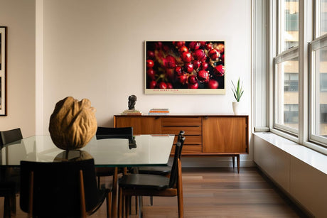Paul Sinus Wandbild 120x80cm rote Beeren Makrofotografie mit Wassertropfen moderne Natur Fotokunst lebendiges Frucht Kunstbild für Küche Esszimmer Wohnzimmer