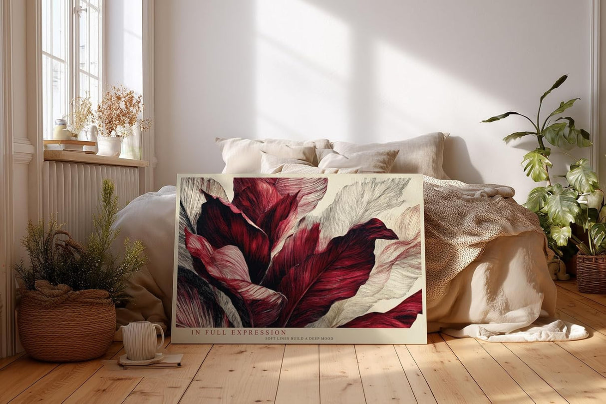 Paul Sinus Wandbild 120x80cm rote Blaetter abstrakte botanische Kunst moderne Pflanzenillustration Leinwand Wanddekoration stilvolle Naturkunst fuer Wohnzimmer