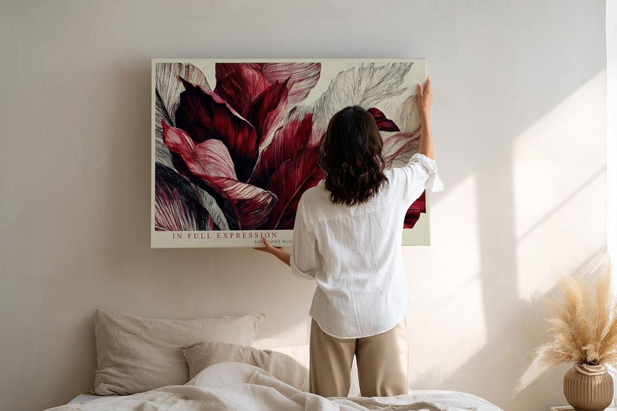 Paul Sinus Wandbild 120x80cm rote Blaetter abstrakte botanische Kunst moderne Pflanzenillustration Leinwand Wanddekoration stilvolle Naturkunst fuer Wohnzimmer