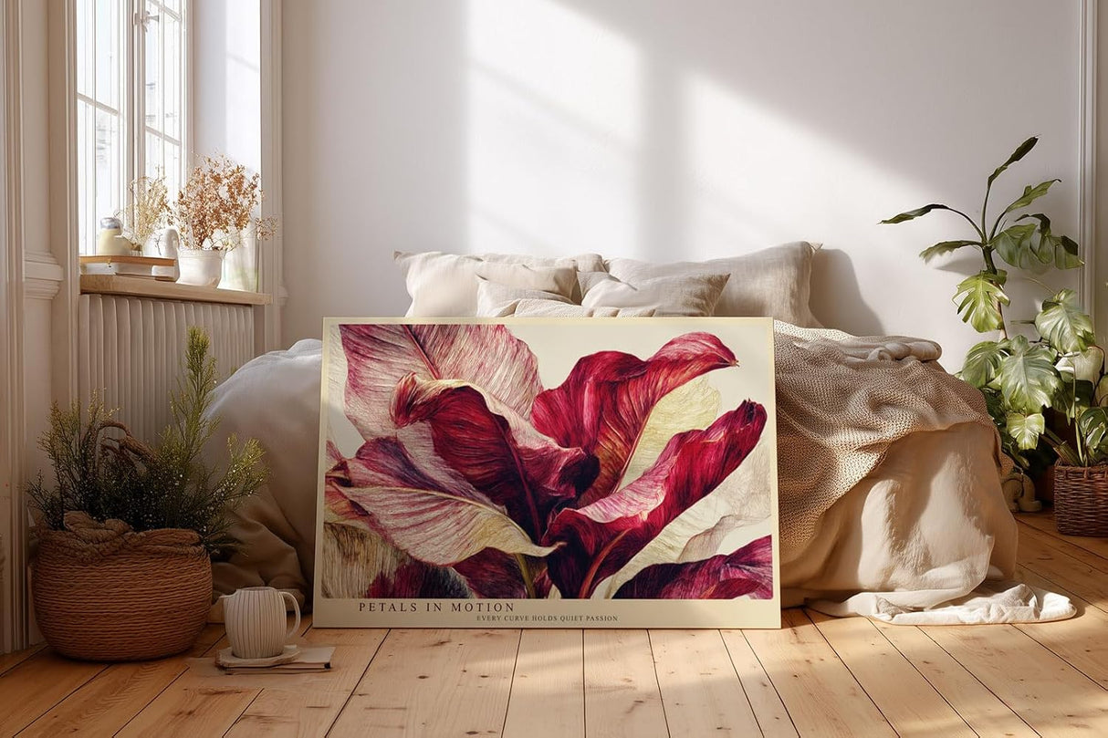 Paul Sinus Wandbild 120x80cm rote Blueten abstrakte Blumenmalerei florale Kunst rot beige elegante Wanddekoration fuer Wohnzimmer Büro