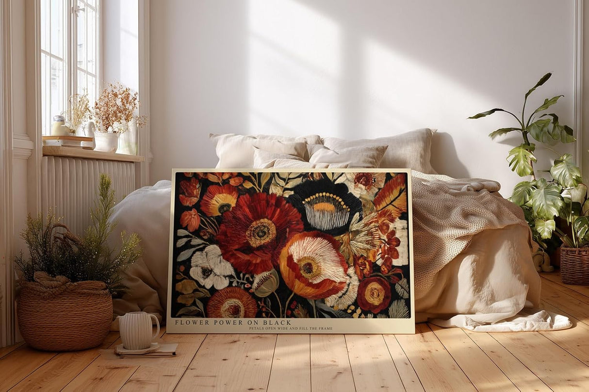 Paul Sinus Wandbild 120x80cm Rote Blumen auf Schwarz Botanische Kunst mit Mohnblumen Moderne Wanddekoration