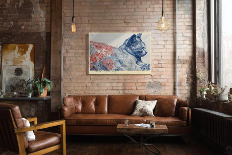 Paul Sinus Wandbild 120x80cm ruhende Katze Illustration blau rot floral moderne Tierkunst stilvolles Kunstbild Wanddekoration fuer Wohnzimmer Büro