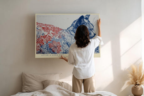 Paul Sinus Wandbild 120x80cm ruhende Katze Illustration blau rot floral moderne Tierkunst stilvolles Kunstbild Wanddekoration fuer Wohnzimmer Büro