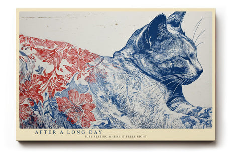 Paul Sinus Wandbild 120x80cm ruhende Katze Illustration blau rot floral moderne Tierkunst stilvolles Kunstbild Wanddekoration fuer Wohnzimmer Büro