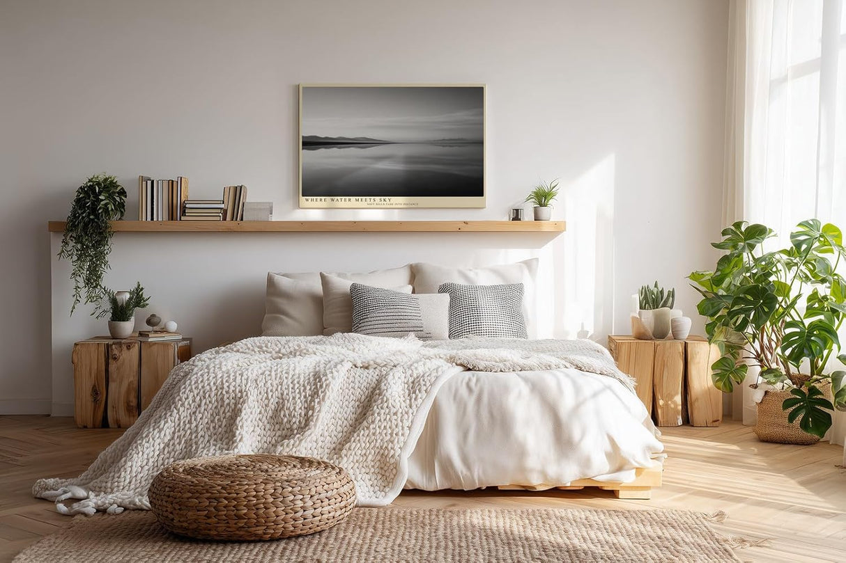 Paul Sinus Wandbild 120x80cm ruhige See Landschaft Schwarz Weiss minimalistische Natur Fotokunst elegantes Kunstposter zeitlose Wanddekoration fuer Wohnzimmer Schlafzimmer Büro Flur