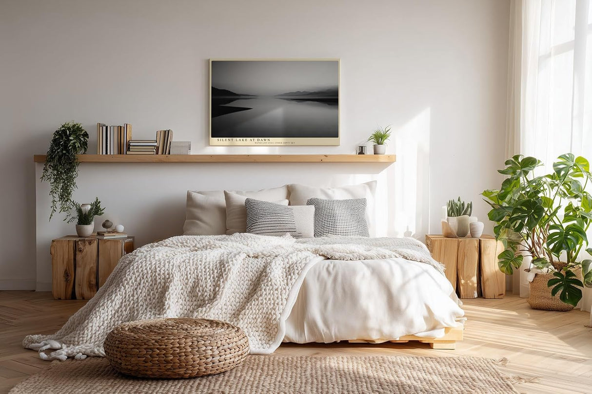 Paul Sinus Wandbild 120x80cm ruhiger See mit Bergen minimalistische Schwarz Weiss Landschaft modernes Kunstposter stilvolle Wanddekoration fuer Wohnzimmer Schlafzimmer Büro