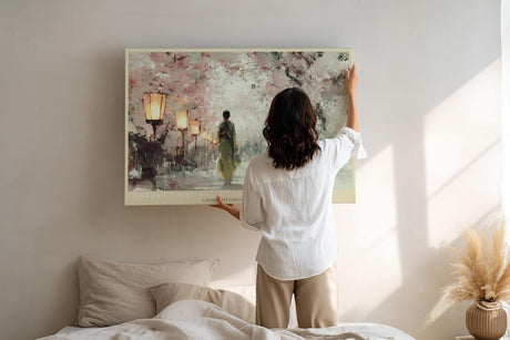 Paul Sinus Wandbild 120x80cm Sakura Abend in Tokio Japanische Kirschblueten Allee mit Laternen Ruhige Asiatische Kunst Wanddekoration