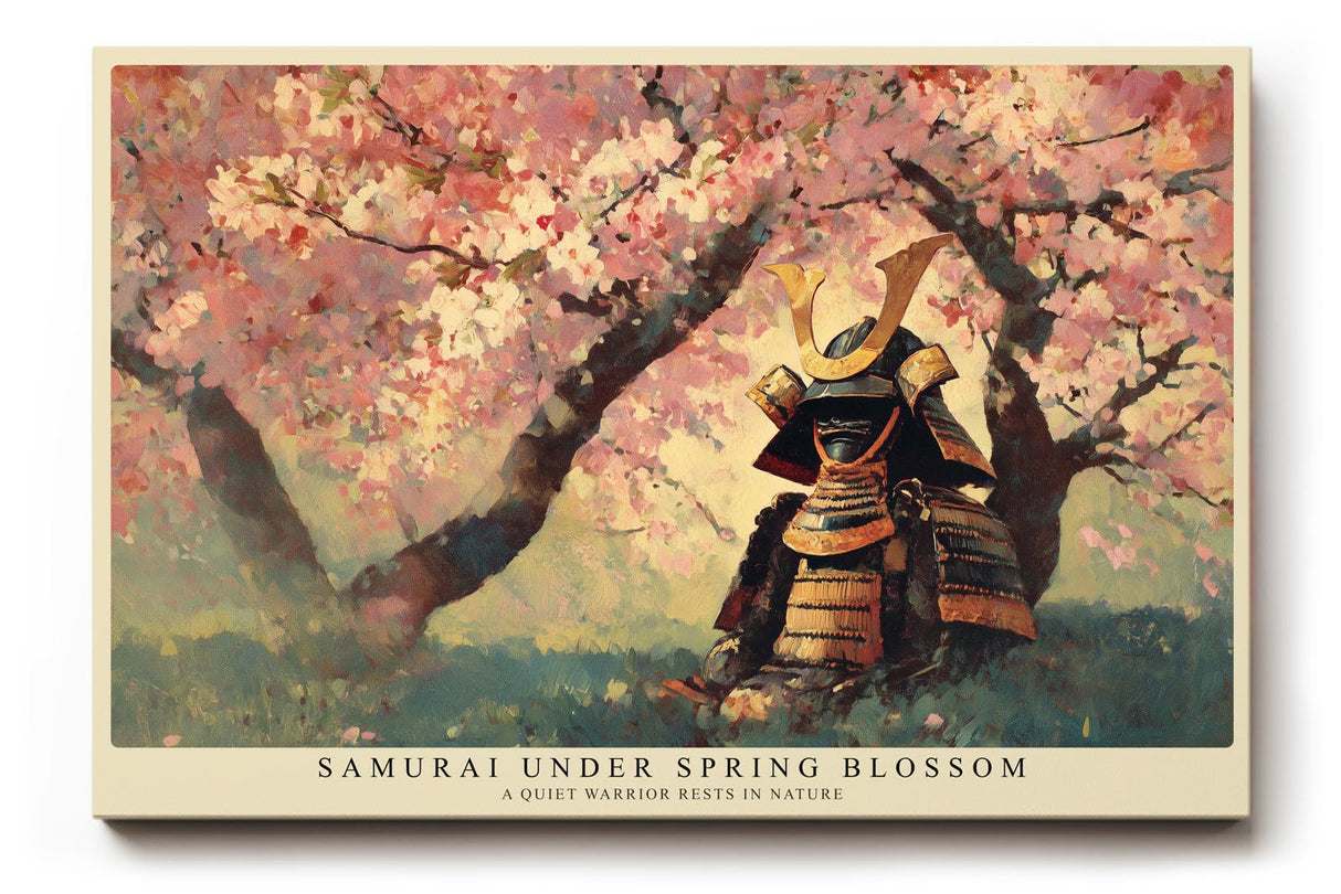Paul Sinus Wandbild 120x80cm Samurai unter Kirschblüten – Japanische Frühlingsszene mit traditioneller Rüstung und Naturatmosphäre