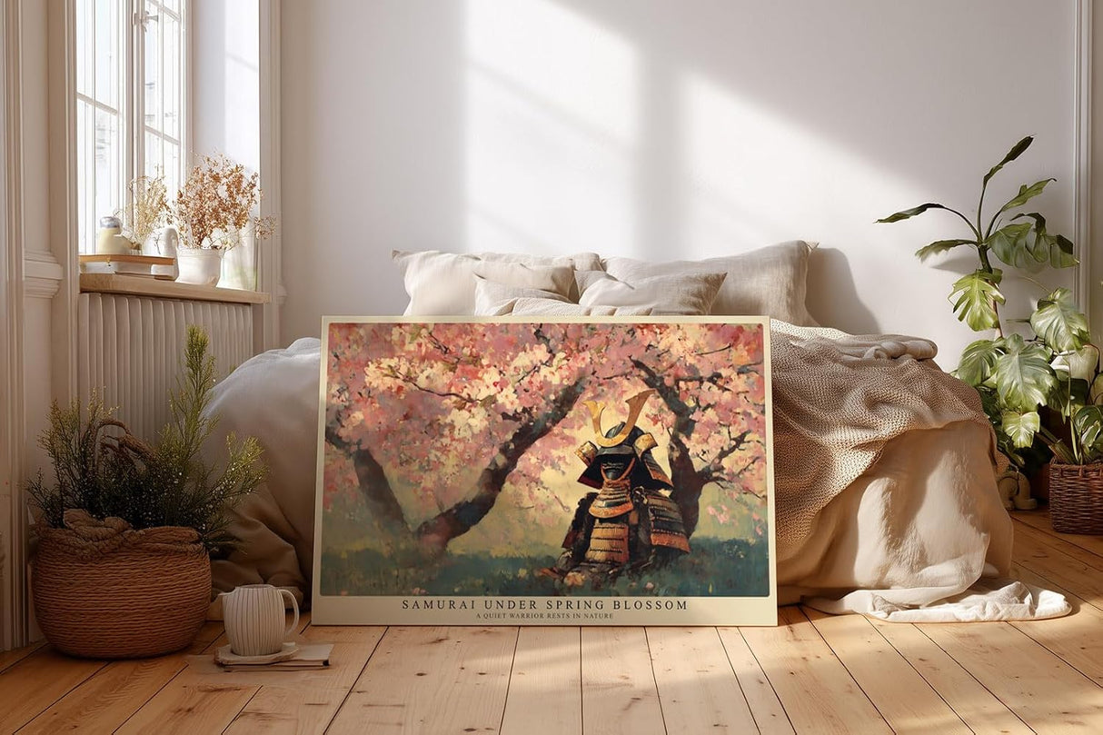 Paul Sinus Wandbild 120x80cm Samurai unter Kirschblüten – Japanische Frühlingsszene mit traditioneller Rüstung und Naturatmosphäre