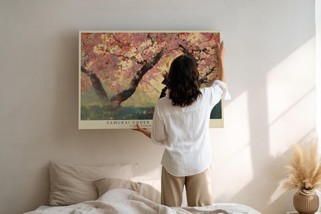 Paul Sinus Wandbild 120x80cm Samurai unter Kirschblüten – Japanische Frühlingsszene mit traditioneller Rüstung und Naturatmosphäre