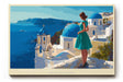 Paul Sinus Wandbild Santorini Calls – Mediterrane Architektur und azurblaues Meer mit eleganter Frau im Kleid, Symbol für Sehnsucht und zeitlose Schönheit der griechischen Inseln