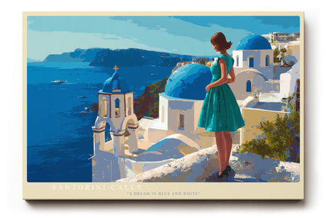 Paul Sinus Wandbild Santorini Calls – Mediterrane Architektur und azurblaues Meer mit eleganter Frau im Kleid, Symbol für Sehnsucht und zeitlose Schönheit der griechischen Inseln