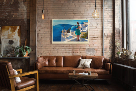 Paul Sinus Wandbild Santorini Calls – Mediterrane Architektur und azurblaues Meer mit eleganter Frau im Kleid, Symbol für Sehnsucht und zeitlose Schönheit der griechischen Inseln