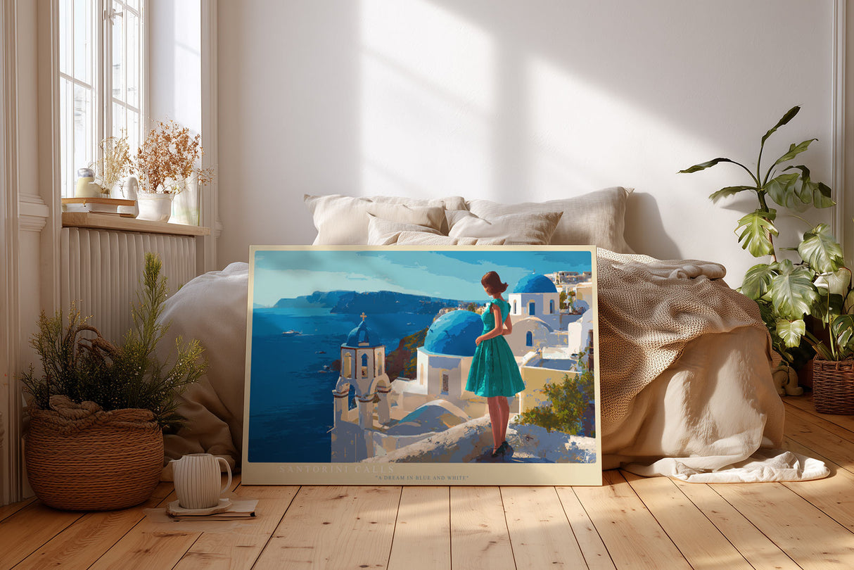 Paul Sinus Wandbild Santorini Calls – Mediterrane Architektur und azurblaues Meer mit eleganter Frau im Kleid, Symbol für Sehnsucht und zeitlose Schönheit der griechischen Inseln