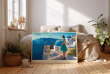 Paul Sinus Wandbild Santorini Calls – Mediterrane Architektur und azurblaues Meer mit eleganter Frau im Kleid, Symbol für Sehnsucht und zeitlose Schönheit der griechischen Inseln