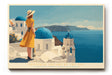 Paul Sinus Wandbild Santorini Dreams by the Sea – Mediterranes Inselmotiv mit Frau im gelben Kleid und Blick über Santorini, Symbol für Freiheit und Leichtigkeit