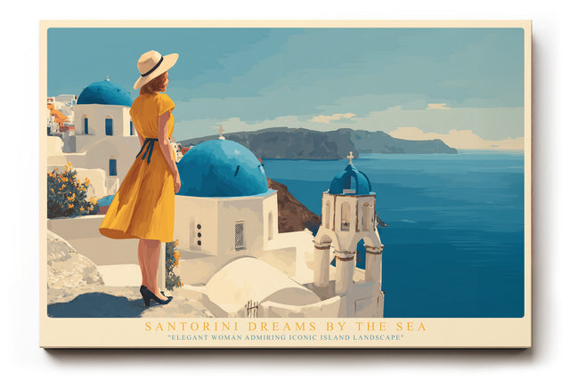 Paul Sinus Wandbild Santorini Dreams by the Sea – Mediterranes Inselmotiv mit Frau im gelben Kleid und Blick über Santorini, Symbol für Freiheit und Leichtigkeit